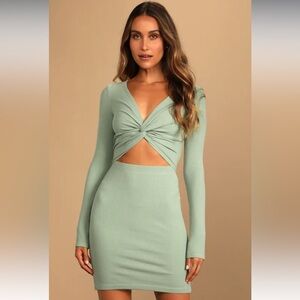 NWT Lulus Twist of Style Sage Green Ribbed Twist-Front Cutout Mini Dress